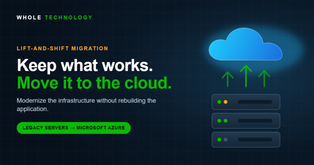Illustration of a server stack with arrows lifting up to a cloud, with the headline "Keep what works. Move it to the cloud."