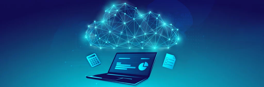 Cloud illustration of a laptop under a network cloud with tax documents