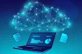 Cloud illustration of a laptop under a network cloud with tax documents