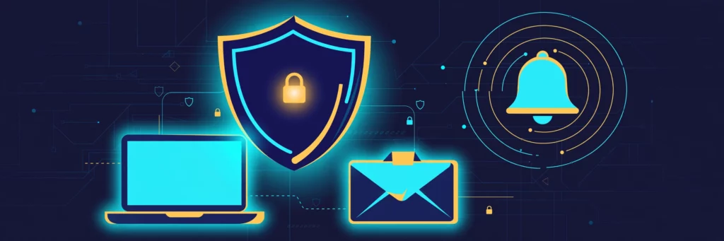 Cybersecurity illustration of a shield protecting a laptop and email with an alert bell