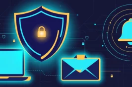 Cybersecurity illustration of a shield protecting a laptop and email with an alert bell