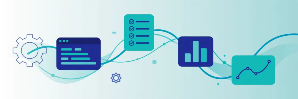 Illustration of connected business app windows, checklists and charts