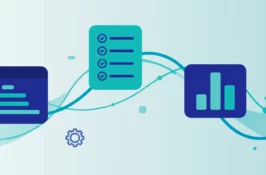 Illustration of connected business app windows, checklists and charts