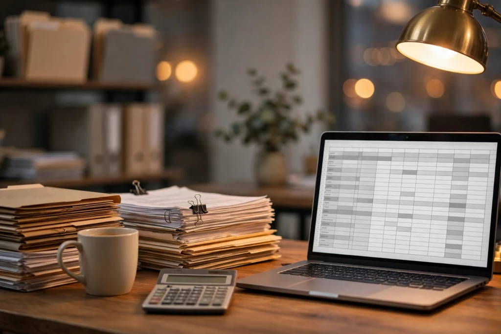 Accounting desk with tax documents, laptop, and calculator during tax season